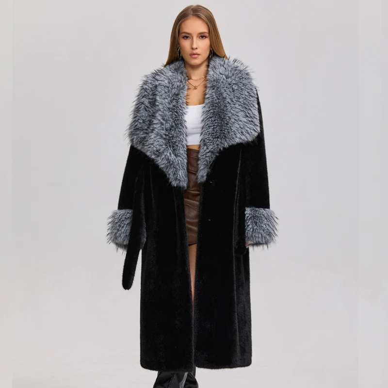New Faux Mink Fur Fox collar Coat Women Casual Luxury One-piece Slimming Long Waist Coat Winter Fashion Warm Factory Wholesale