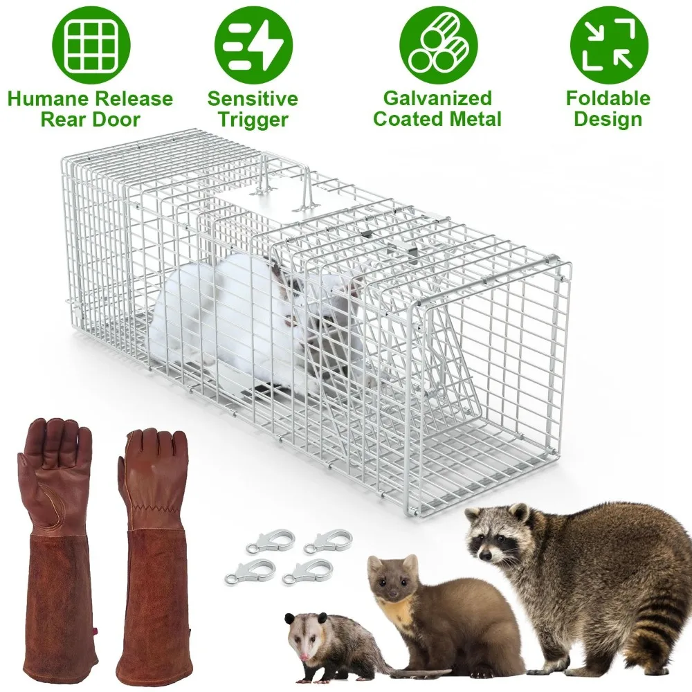 Humane Cat Trap Cage With Gloves Catch Release Live Animal Rodent Cage Collapsible Galvanized Wire for Raccoons Beavers Groundhogs Foxes Armadillos，Live animal cage trap, humane cat, rodent control