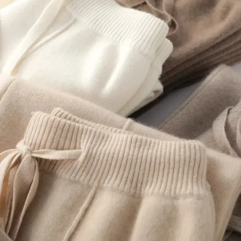 Pantaloni di lana Abbigliamento esterno autunno e inverno da donna Pantaloni a gamba larga cadenti lavorati a maglia Pantaloni morbidi bianchi Pantaloni piccoli a nuvola dritti