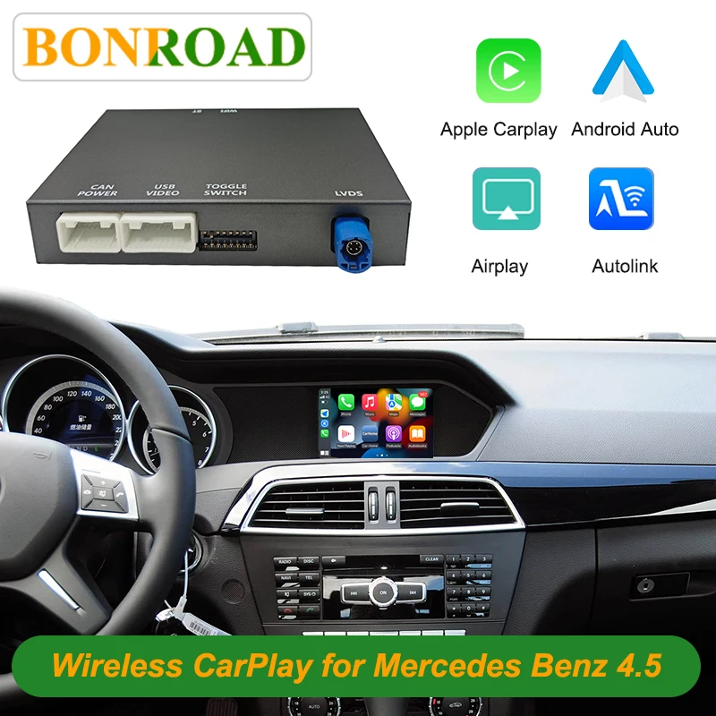 Bonroad Wireless Carplay Android Auto Decoder Box, Mercedes Benz NTG 4.5 Retrofit Interface for A/B/C/E Class GLK ML GL W176 W246 W204 W212 W207 X204, Keep Original System