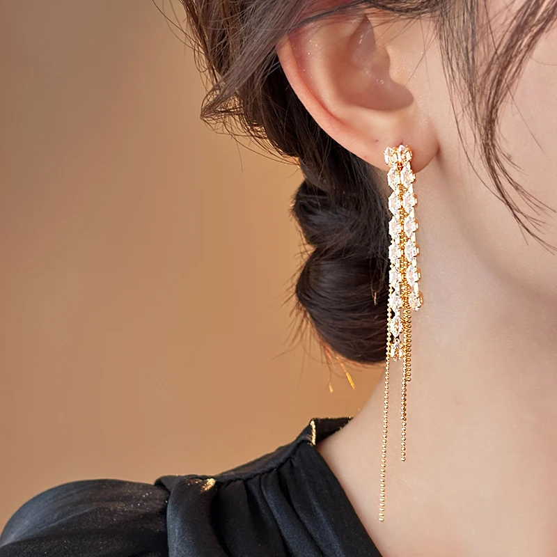 2025 New Style Horse Eye Zircon Metal Tassel Long Earrings Trendy Jewelry Fashion Accessories for European and American Womens
