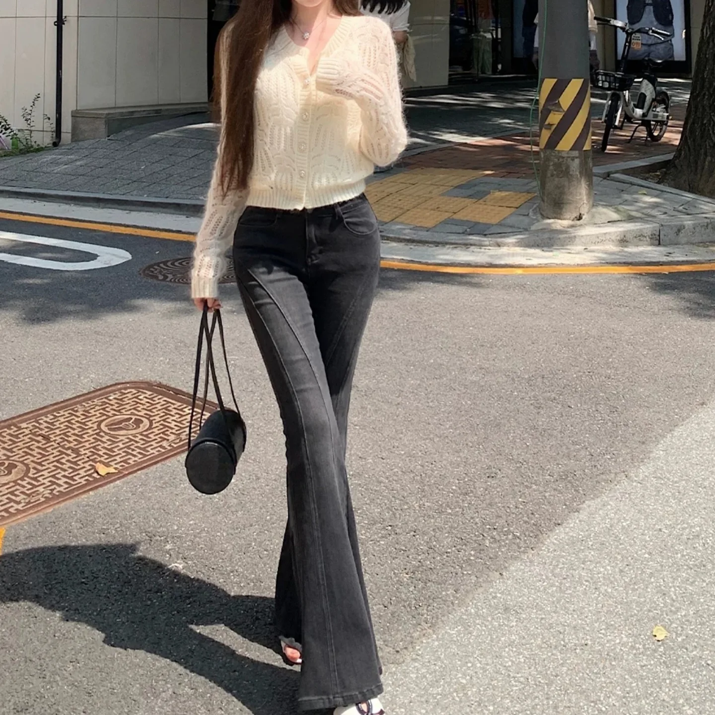 Fall New Style Semi-Korean Women's Bell Bottom Jeans Retro Washed Black Arc Split Line Micro Flared Denim Pants Casual High W...