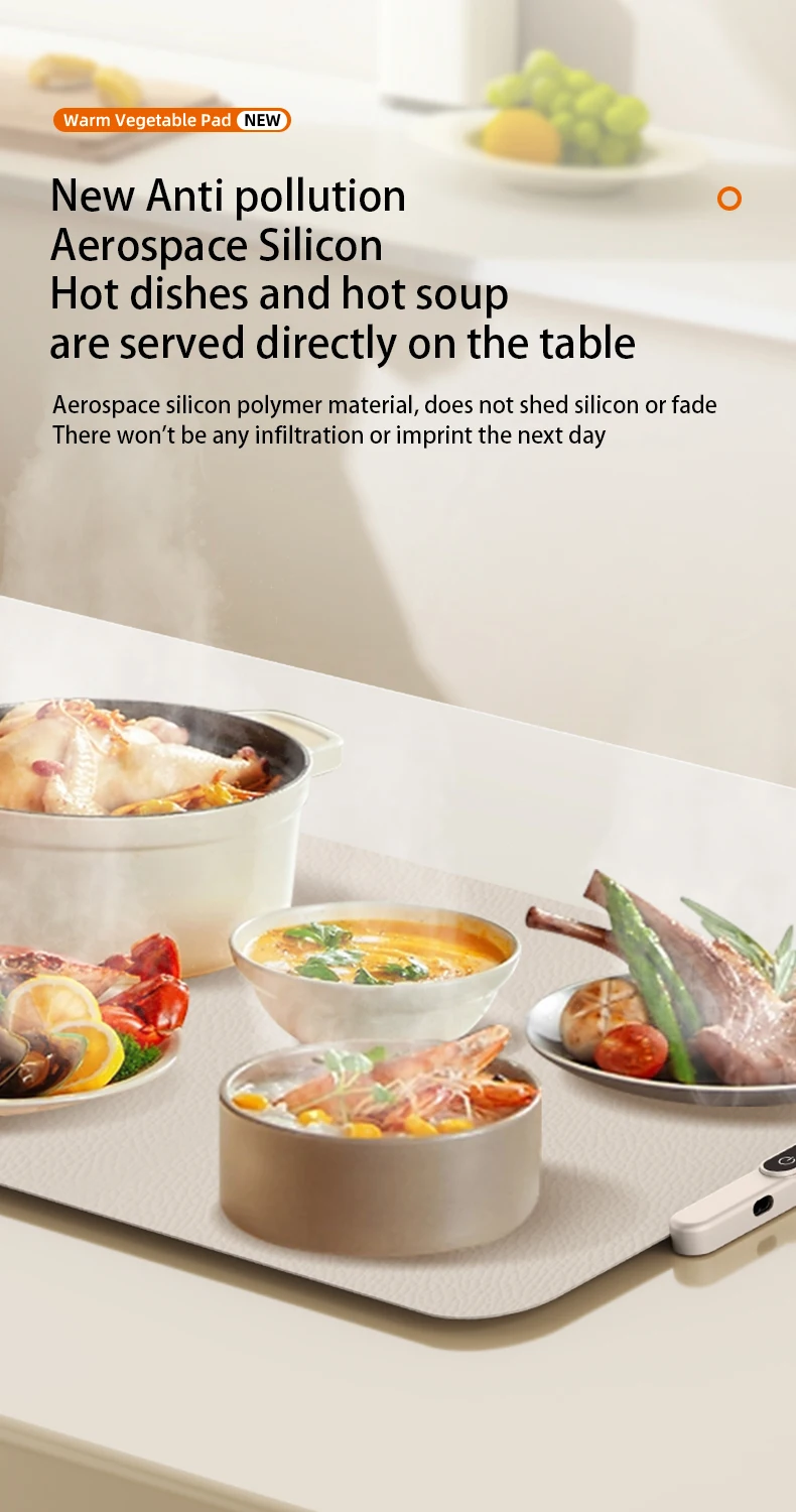 TINSOL Food Warmer Pad Foldable Silicone Heating Pad Portable Meal Cart Insulation Pad 8-Level Temperature Adjustment