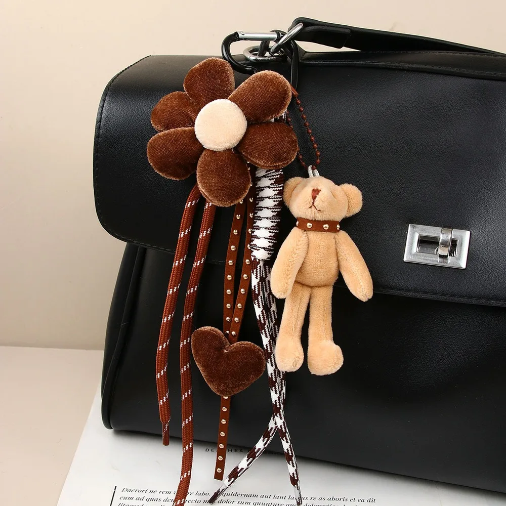 Teddy Bear Bag Charm Brown Flower Heart Rope Multi Charm Keychain Purse Decoration Handbag Accessory Cute Fashion Gift For Women
