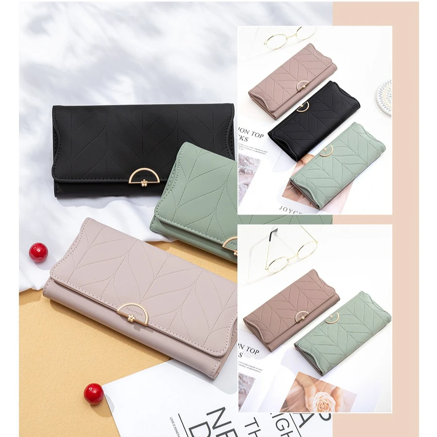 

Three-fold PU leather ladies' long wallet with buckle, multi-position, large-capacity clutch, multi-functional wallet