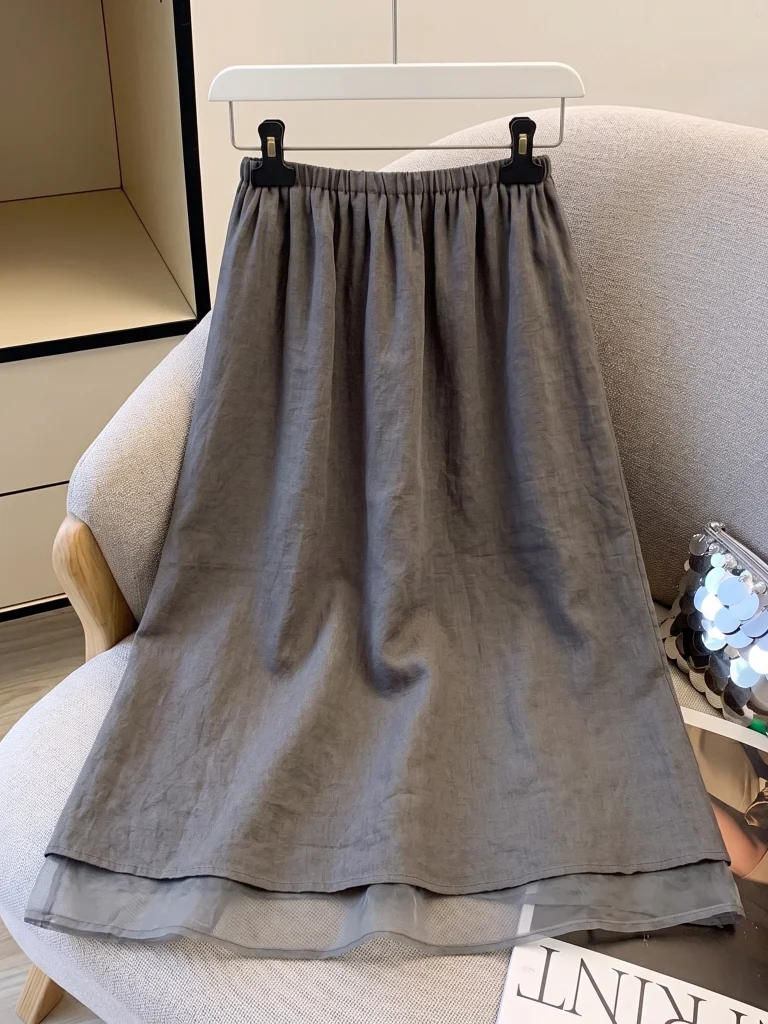 Yellow Linen Skirt Women's Summer New Style plus Size Elastic Waist Slimming Midi Length Half Body Skirt Breathable Skin-Frie...