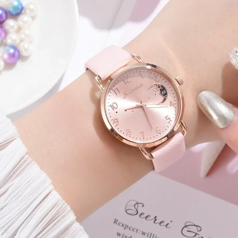 Women Fashion Watch Moon Patern Digital Dial Leather Ladies Quartz Wristwatches Simple Women Clock Saat Reloj Mujer (No Box)