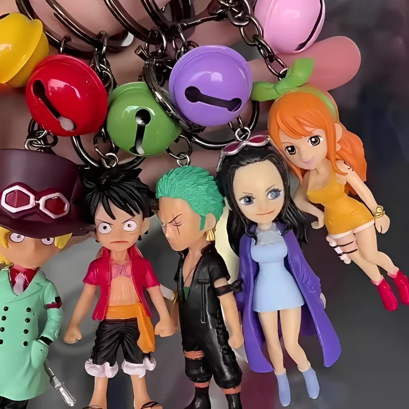 One Piece Anime Figure Keychain Luffy Nami Zoro Nico Robin Resin Doll Bag Pendant with Bell Cute Toy Keyring Decoration Gifts