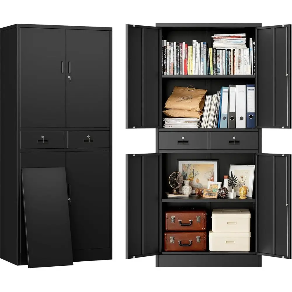 

Black Metal Garage Storage Cabinet with Drawers and Adjustable Shelves for Versatile Use