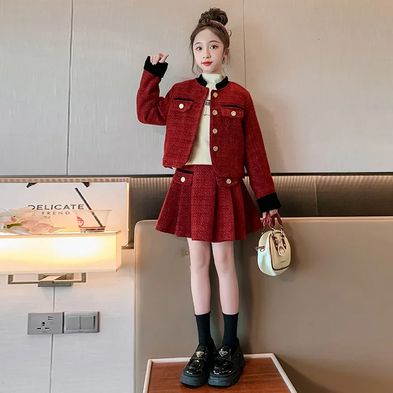 Girls Suits Small Fragrant Wind Set Spring and Autumn Children Red Dress 2024 Skirt Two-piece Set Clothes Simple Casual