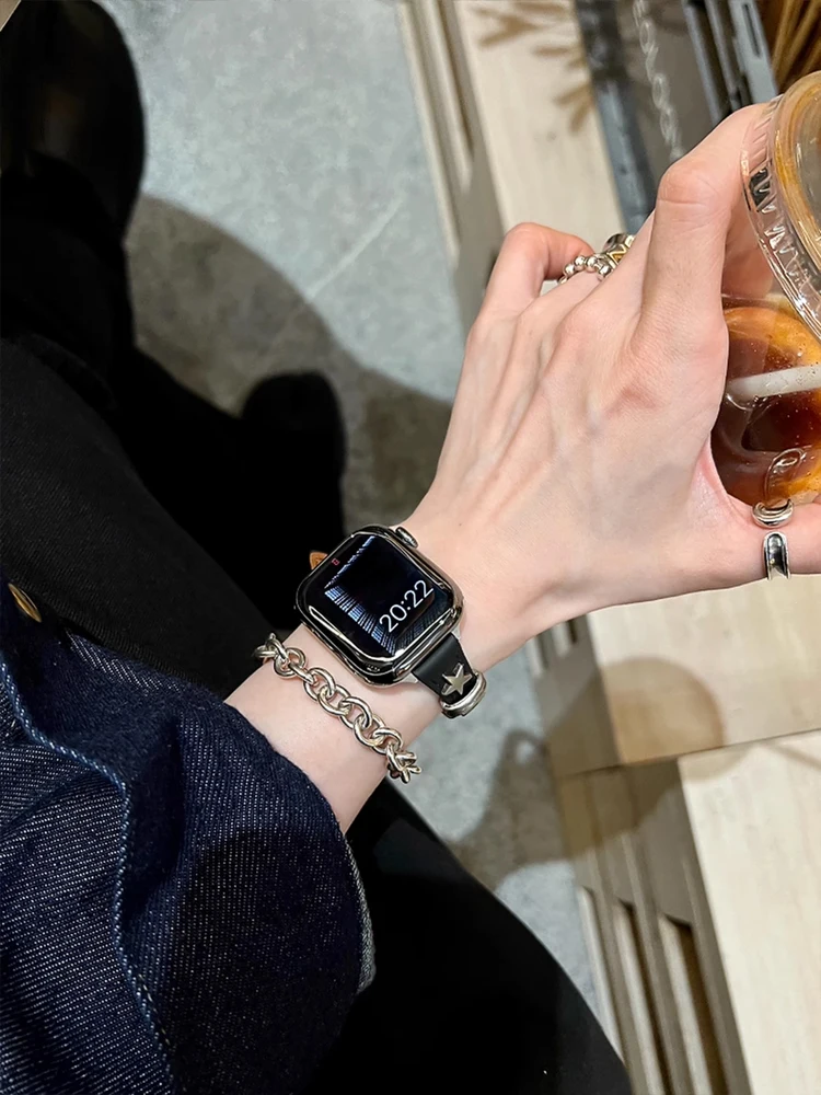 Retro Star สําหรับ Apple Watch 38 มม.40 41 มม.42 มม.45 มม.46 มม.49 มม.สร้อยข้อมือหนังสําหรับ iWatch Ultra 10 9 8 7 6 SE 5 4