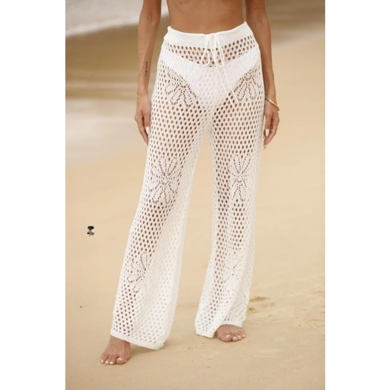 Summer Sexy Hollow Out Wide Leg Pants Women Beach Cover Up Bikini Trousers Lace-ups See-through Vacation High Street Knit Pant