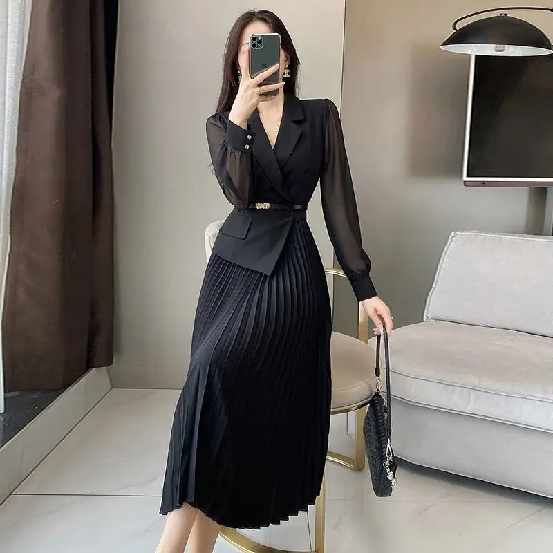 Women\'s Korean Fashion Blazer Patchwork Design Long Sleeve Dresses Office Lady Elegant High Waist Black Slim Pleated Midi Dress