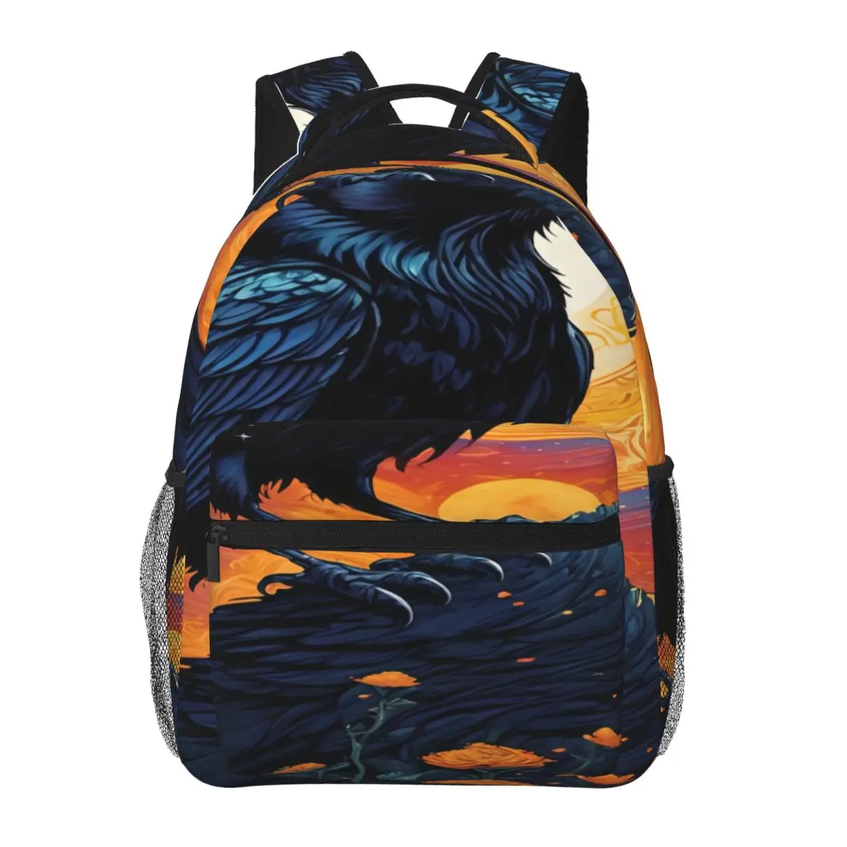 Cool Skull Student Backpack Center Crow Moon Planets Flowers Cosmic Surreal Wildlife Black Orange Bl Cool Bookbag for Girls Boys