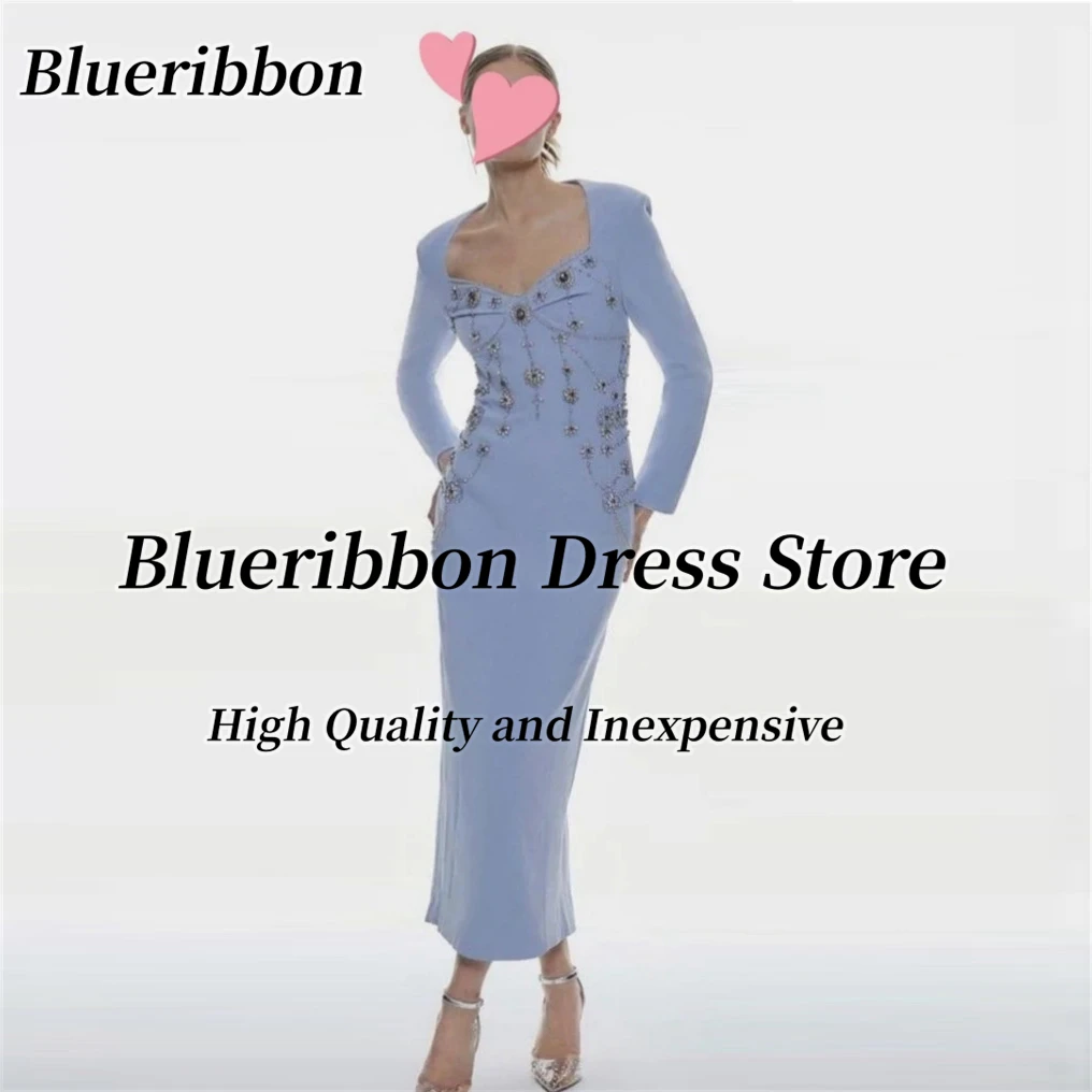 

Blueribbon Prom Dress Women Wear Square Neck Beaded Long Sleeves Evening Party Gowns Ankle Lebgth Formal Occasion Dress