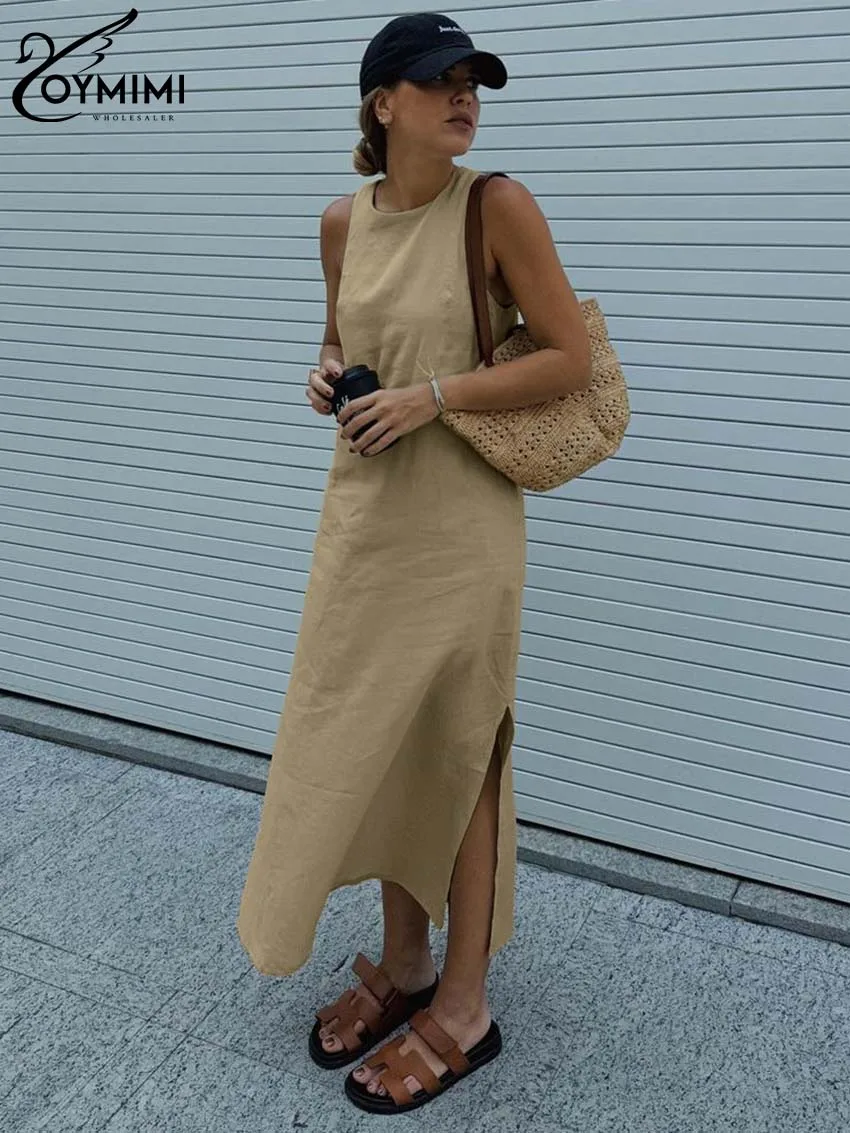 Oymimi Casual Brown Cotton Women\'s Dress Autumn O-Neck Sleeveless Straight Dresses Elegant Side Slit Ankle-Length Dresses Female