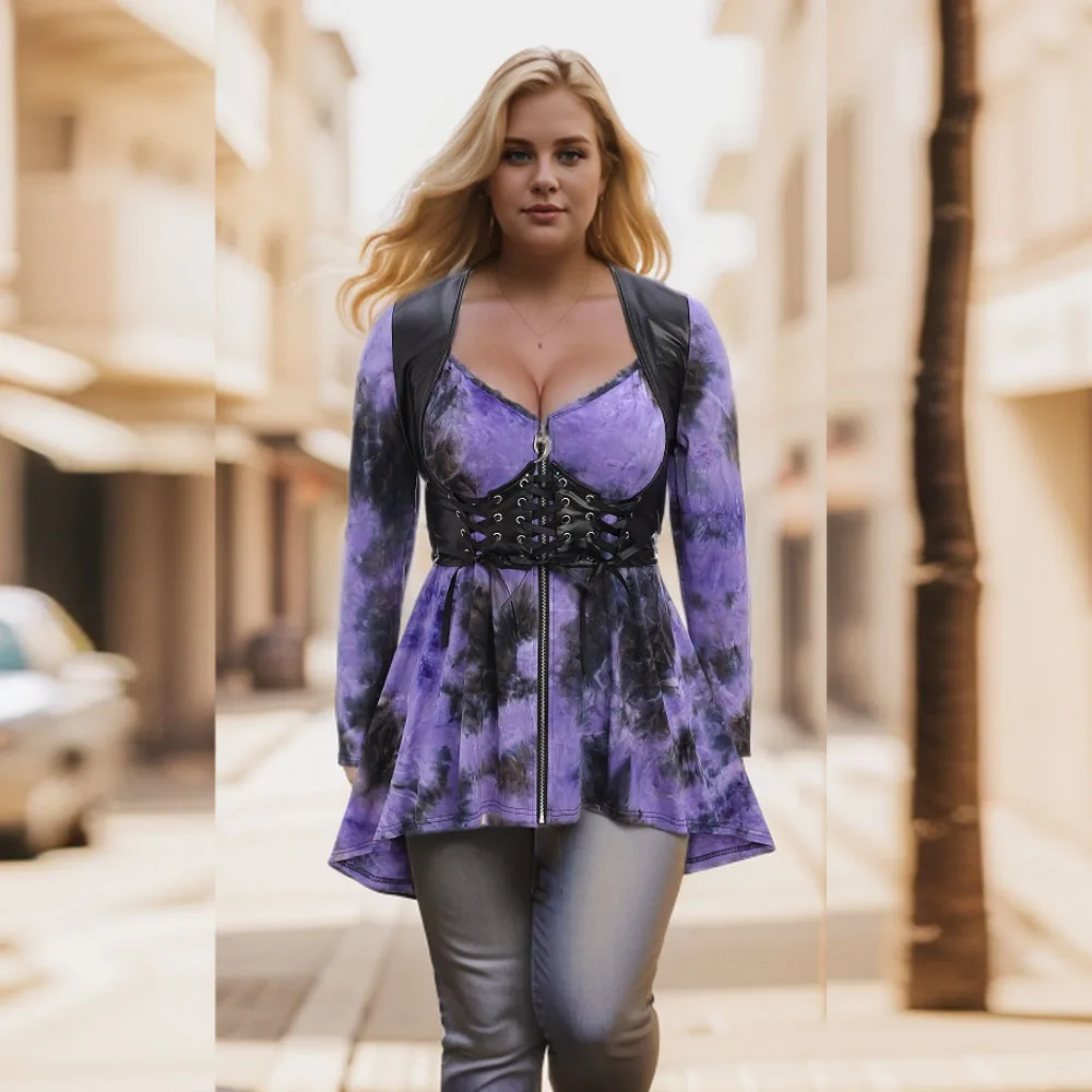 ROSEGAL Plus Size gotycki Tie Dye sznurowany gorset t-shirt damski jesienno-cała na zamek PU skóra bluzki z dłuższym tyłem rozkloszowana sukienka z