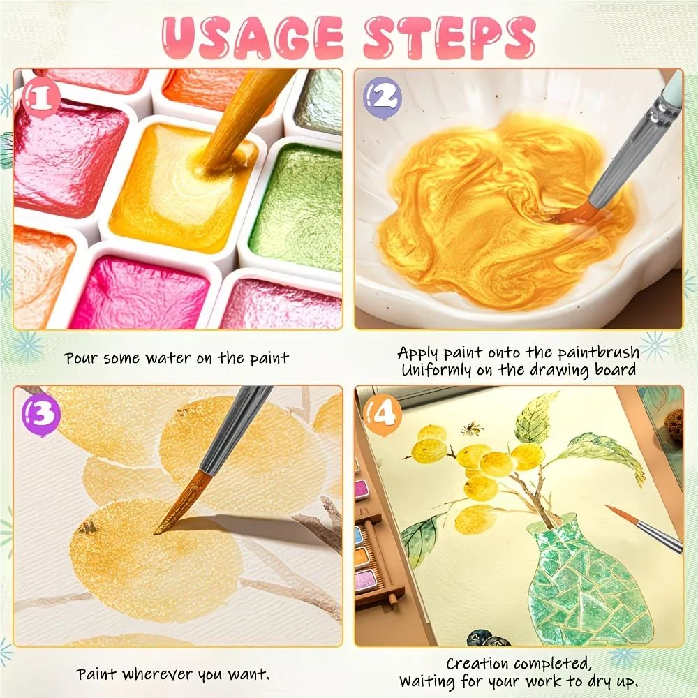 24 Farben Schimmerndes Aquarellfarben-Set, tragbar, leicht, hochpigmentiert, Sternentöne, ideal für Künstler, schönes Weihnachtsgeschenk – Detail 6