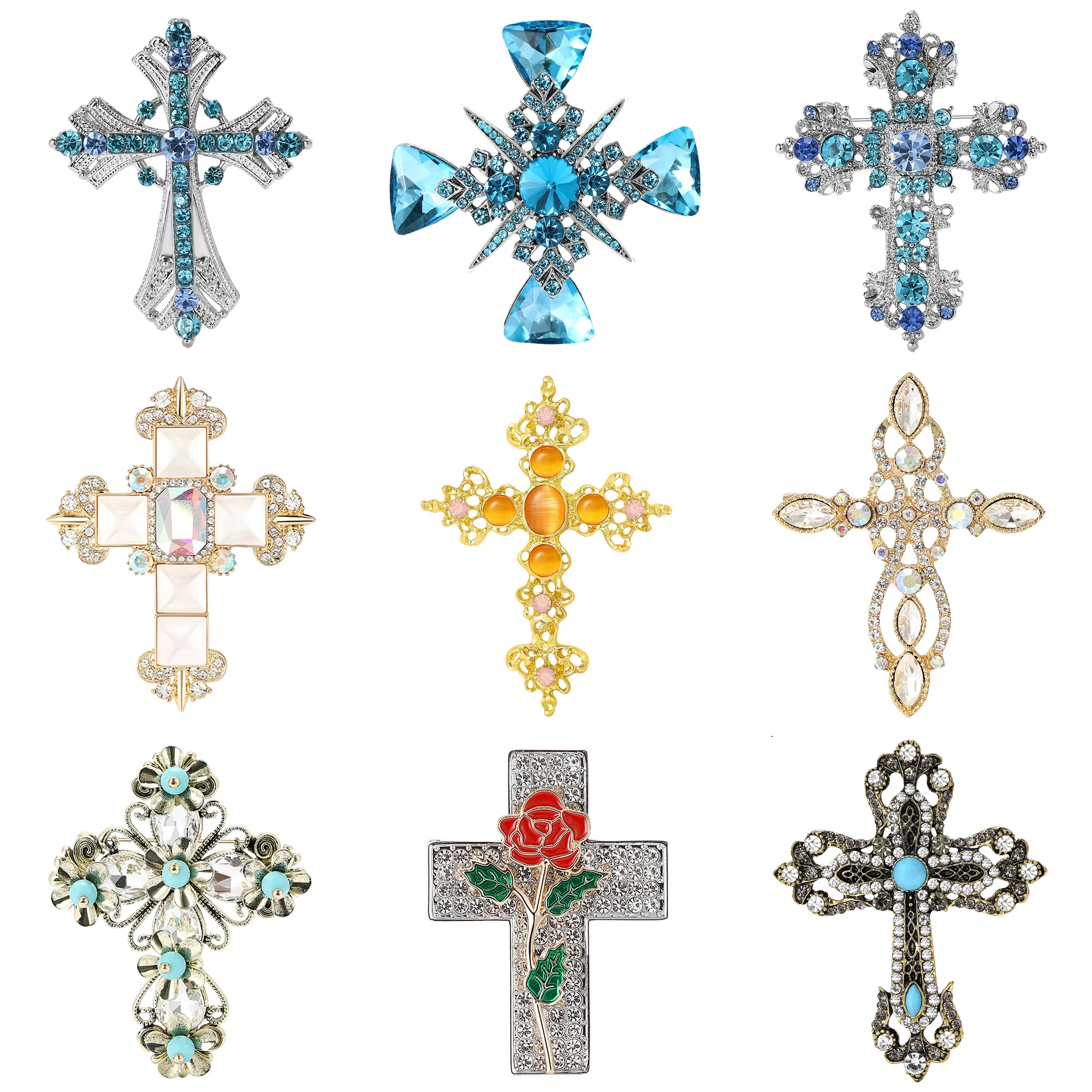 Rhinestone Cross Brooches for Women Unisex Flowers Cross Pins Backpack Office Party Friend Gifts Jewelry Accessories Decoration