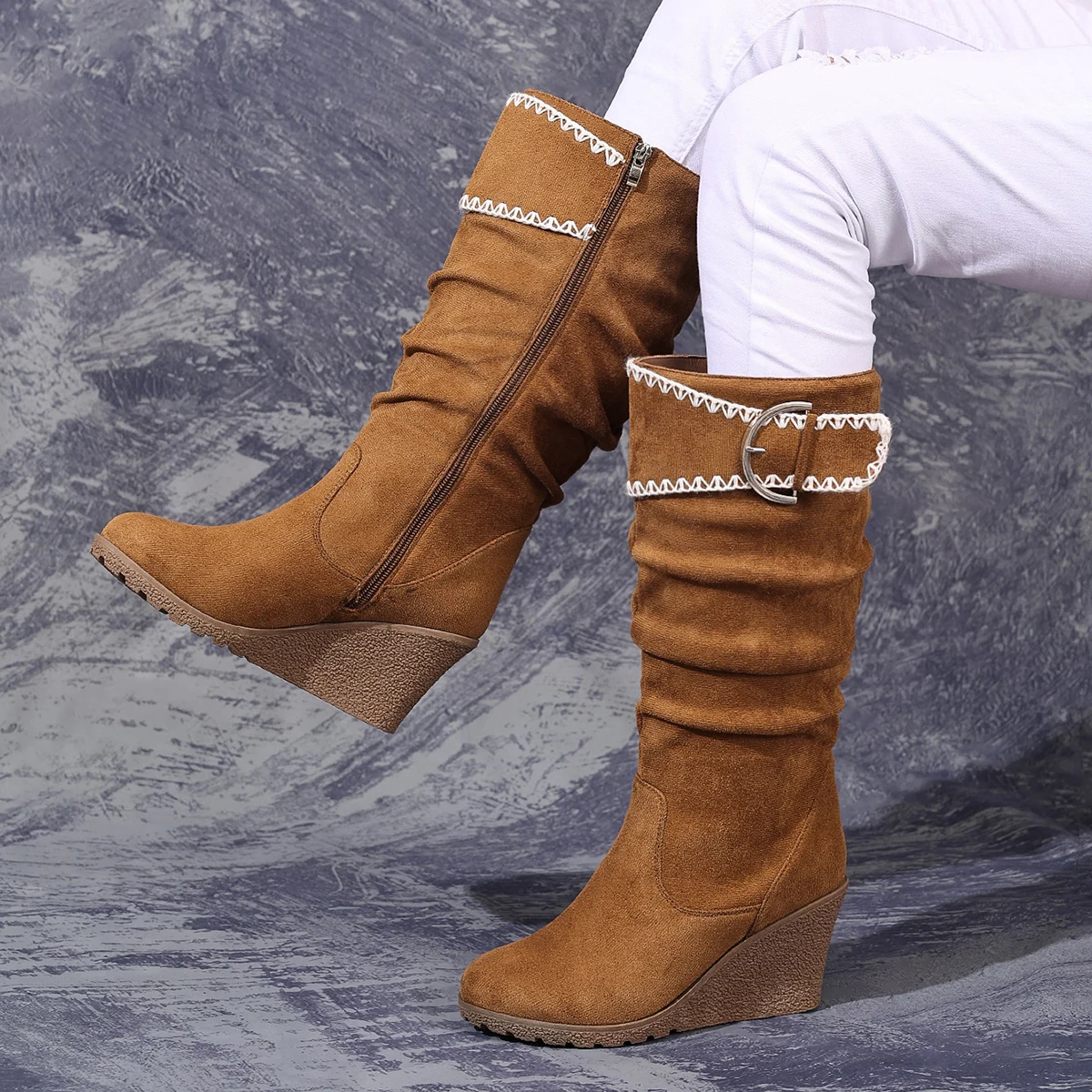 حذاء نسائي أنيق ومريح بإبزيم، دانتيل بيج، عريض عالي الجودة #4