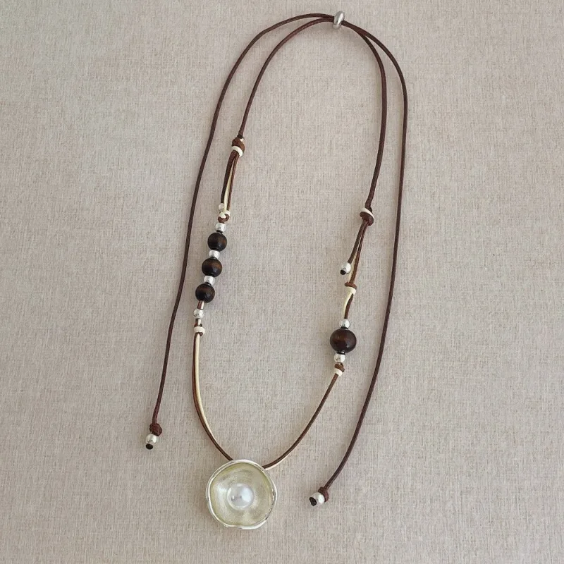 Double Layer Imitation Pearl Pendant Necklace with Adjustable Rope Chain