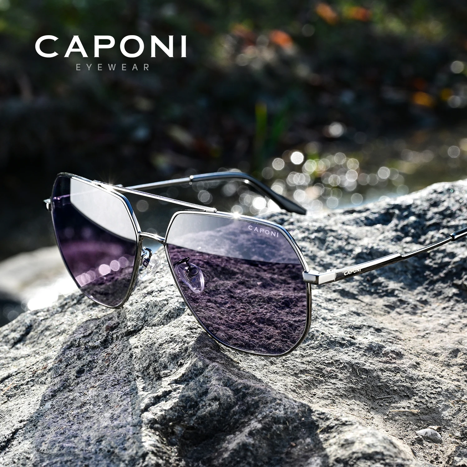 

CAPONI Polarized Men Sunglasses Original Design Photochromic Double Bridge Outdoor Driving Sun Glasses UV400 Black Shades BS8279