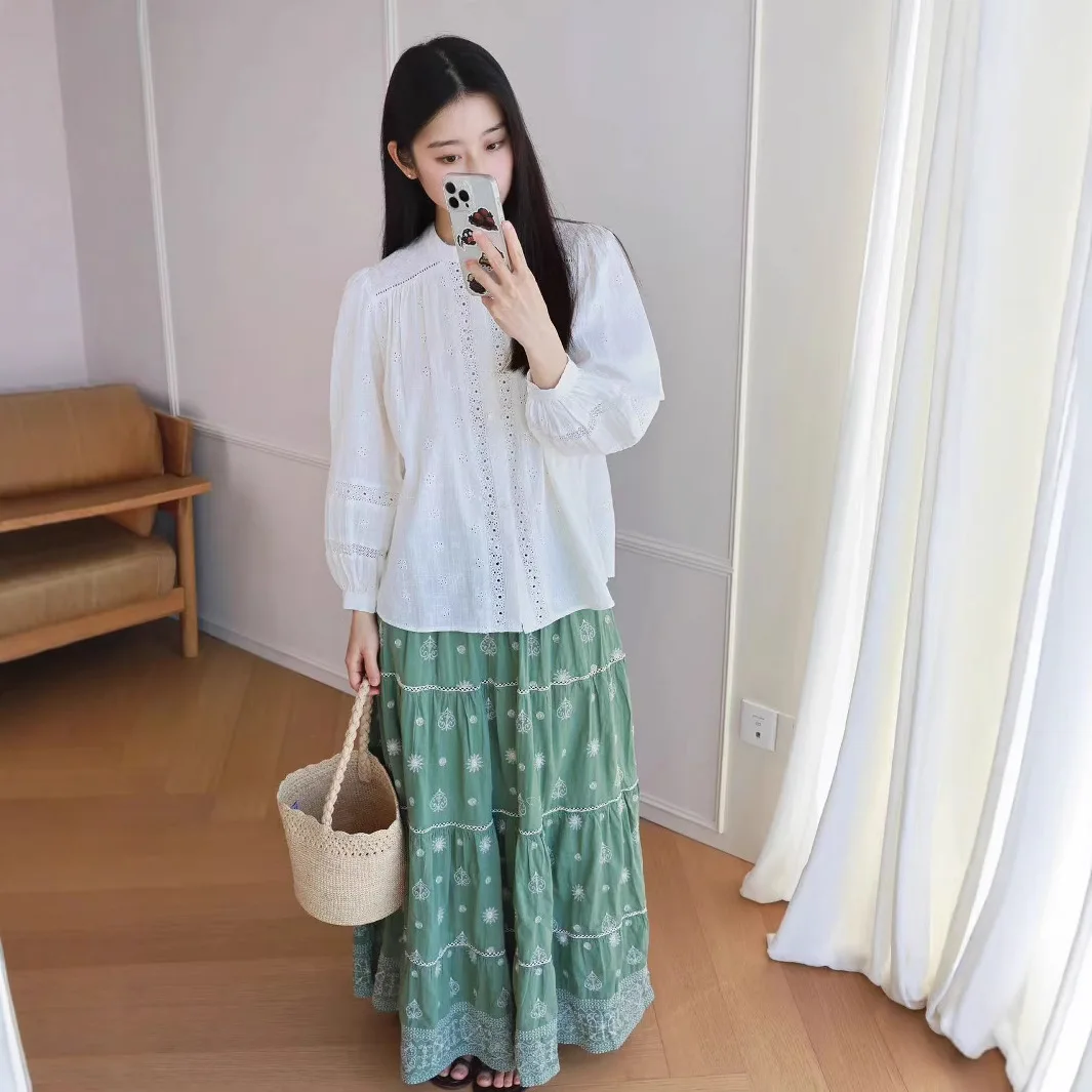 

Женская свободная повседневная блузка в стиле ретро с вышивкой Madura, кружевными вставками и пэчворком, из хлопка, с длинным рукавом, круглым вырезом и пуговицами