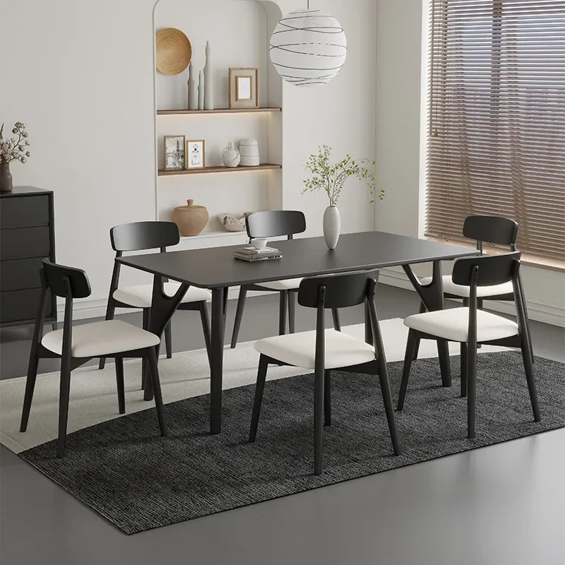 for Nordic Black Solid Wood Rock Slab Dining Table and Chair Set Household Small Apartment Rectangular Bird Design Old Style