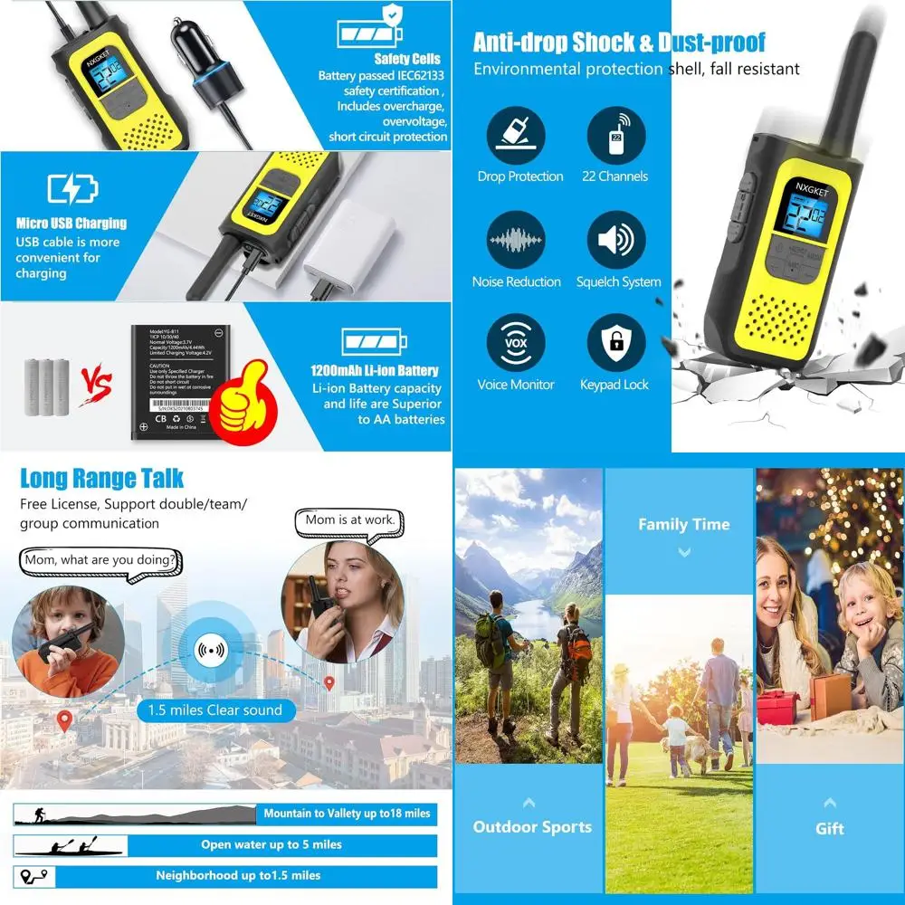 

Рации, 4-паковка двусторонней радиосвязи дальнего действия, оповещение о погоде NOAA с перезаряжаемой литий-ионной батареей, кабель USB-C для взрослых, лагерь