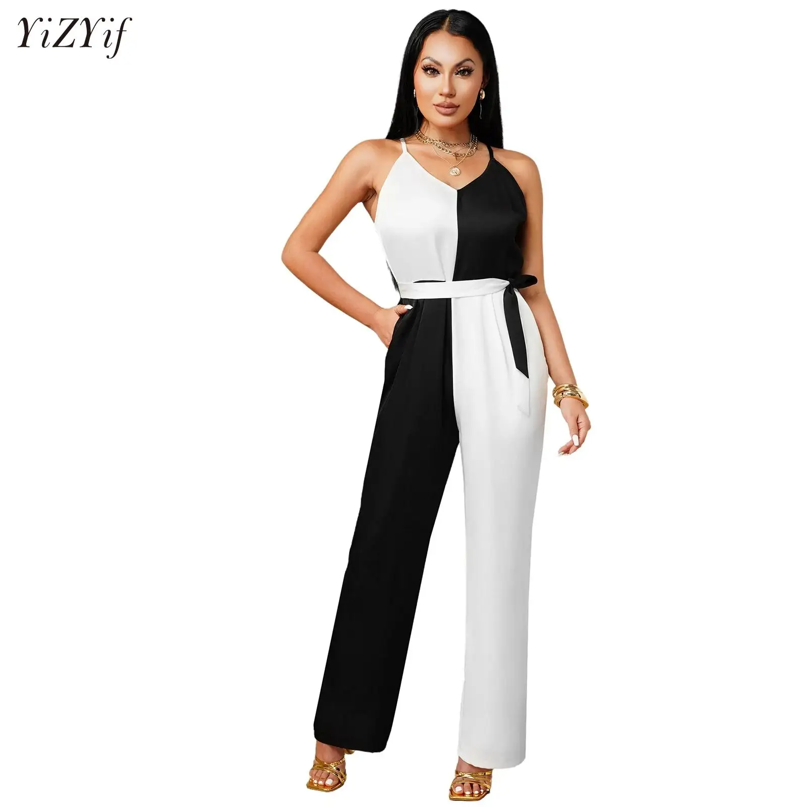 New Women V-neck Sleeveless Jumpsuit Adjustable Spaghetti Straps Loose Casual Office Party Daily Wear Rompers with Belt
