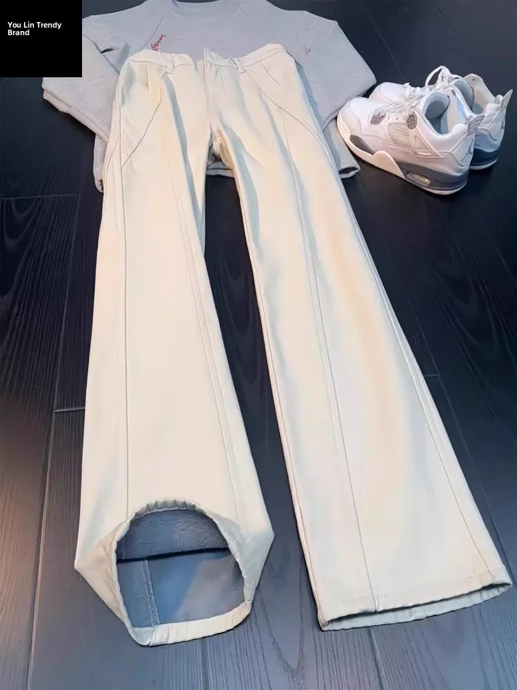 

White Fce Lined Bootcut Jeans Men's Winter Cleanfit Straight Knife Low Waist Polyester Fiber Casual Straight Leg Jeans