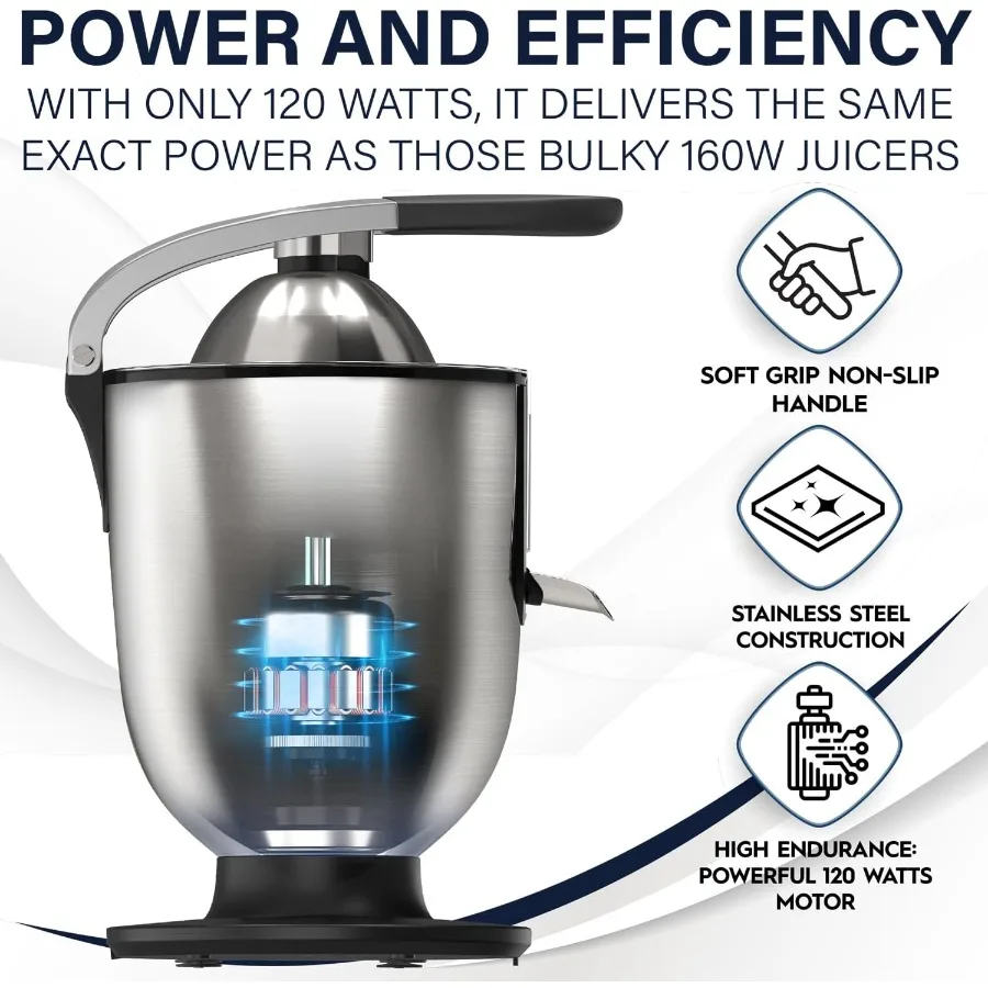 家庭用プレミアム電動オレンジジューサー、ステンレス製柑橘類絞り器、超強力モーターと人間工学に基づいたデザインを採用