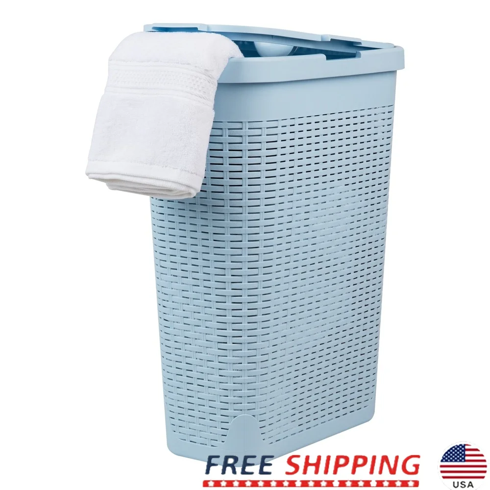 

40L Slim Laundry Hamper Wicker Design with Lid Lightweight Portable Clothes Basket Bathroom Closet Storage