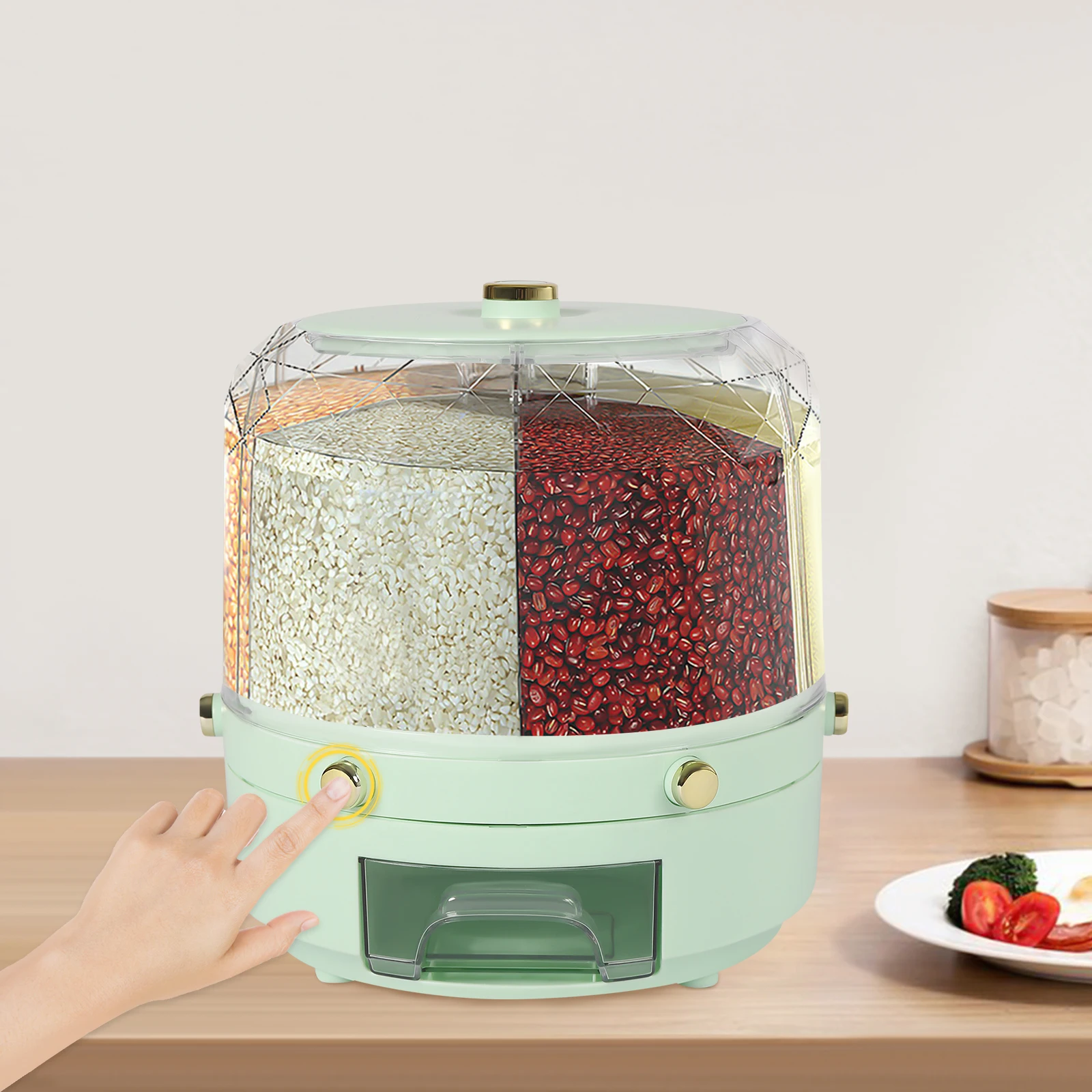 Rice Food Grain Dispenser 6 Grids Rice & Grain Storage Container Rotatable Sealed Grain Food Storage One-Button Pressing Storage