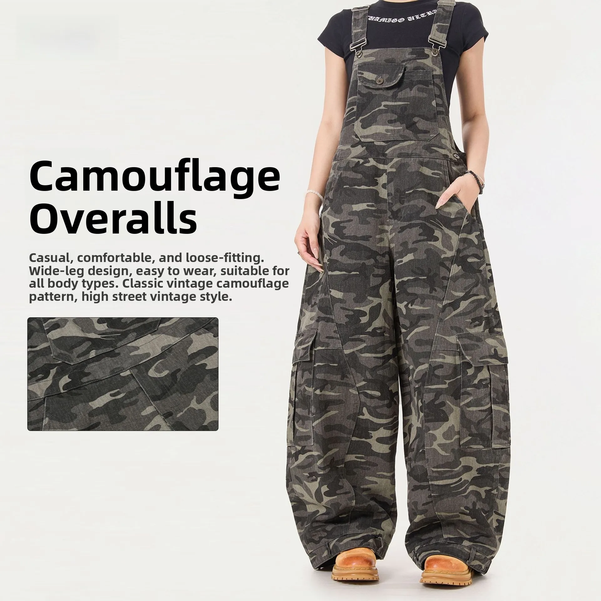 

Свободные камуфляжные комбинезоны с широкими штанинами и уличной рабочей одеждой в стиле ретро, брюки-комбинезон, молодежная модная хлопковая альтернативная ткань