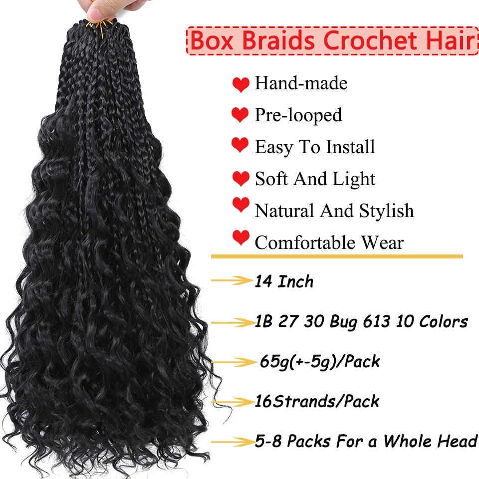 14 Inch 6 Packs Boho Box Braids Crochet Hair with Curly Ends Bob Bohemian Hippie Braids Pre-looped Messy Goddess Box Braids Hair