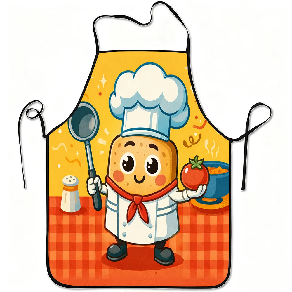 1pc Cute Bread Chef Cartoon Print Apron, Durable And Easy to Clean, Adjustable Waistband, Polyester Material, for Kitchen Cookin