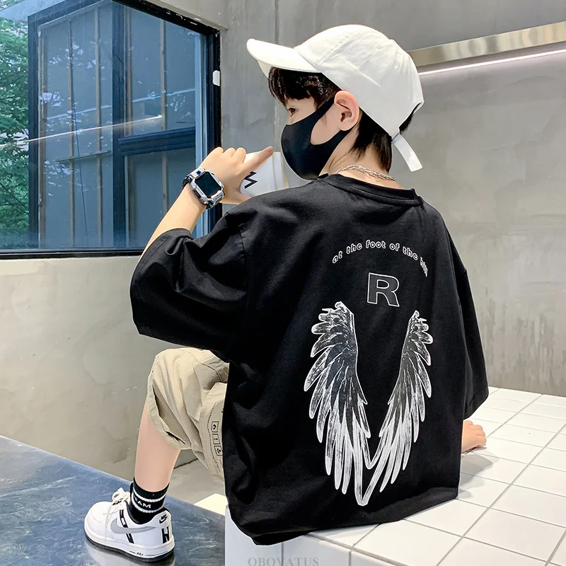 New Fashion Tween Boy Summer T-shirt with Wings on the Back Kids Teenager Short Sleeve Tshirt Outfit Child Casual Streetwear Top