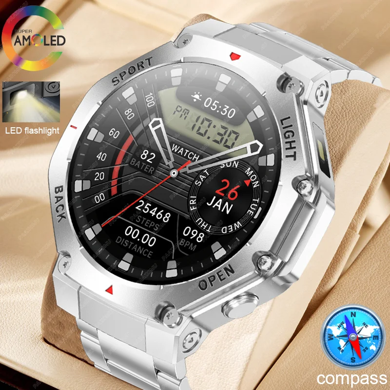 

2025 New Men's Outdoor Smart Watch LED Flashlight Compass Health Monitoring Bluetooth Call Voice Assistant Sports Smart Watch