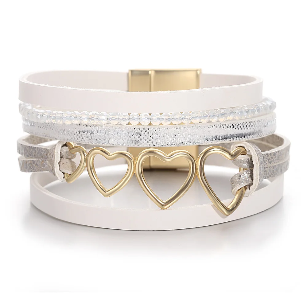 ALLYES Fashion Hollow Love Heart Braided Leather Bracelet for Women Charm Crystal Beads Chain Wrap Bracelets Jewelry Gifts