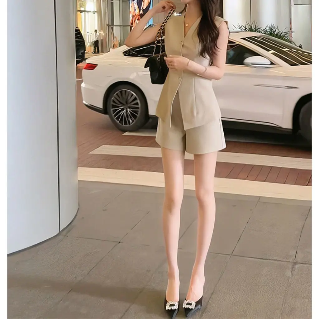 

Стильный женский костюм, корейский элитный роскошный элегантный жилет, шорты, модная летняя новинка