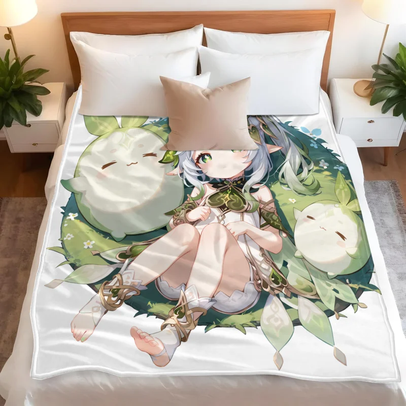 

Anime Style Flannel Fleece Blanket for Nap, Custom Printed Soft Plush Throw, Cute Green Hair Character Design