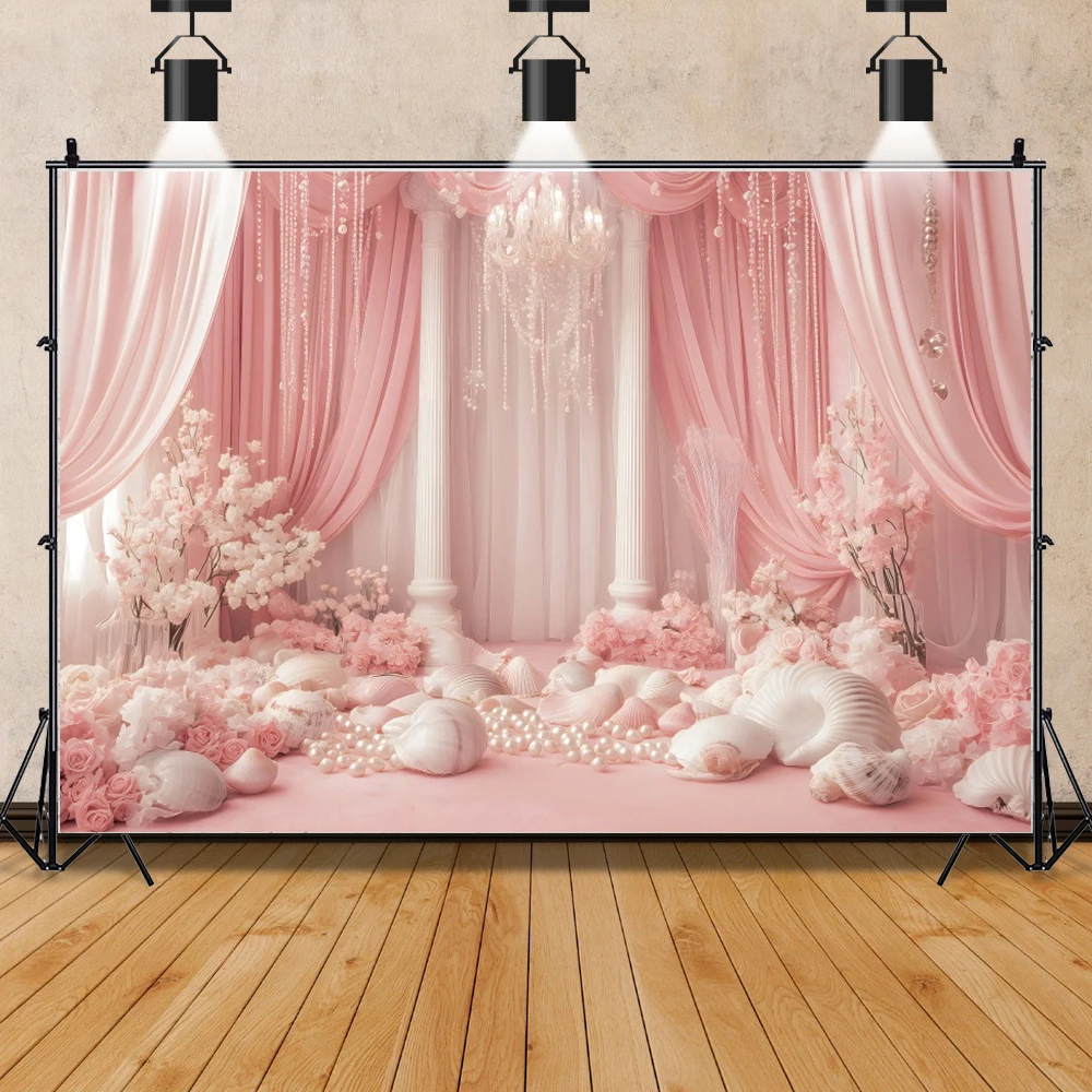 Pink Undersea Palace Photography Background Princess Mermaid Shell Chandelier Flowers Pearls Wedding Birthday Party Backdrop