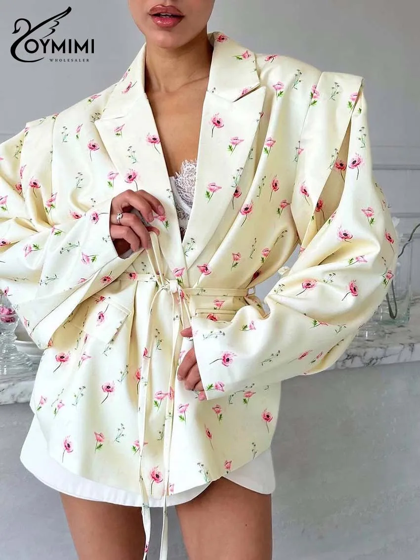 Oymimi Casual Yellow Print Women's Shirt Fashion Long Sleeve Lace-Up Shirts Elegant New Pockets Loose Blouses Female Clothing