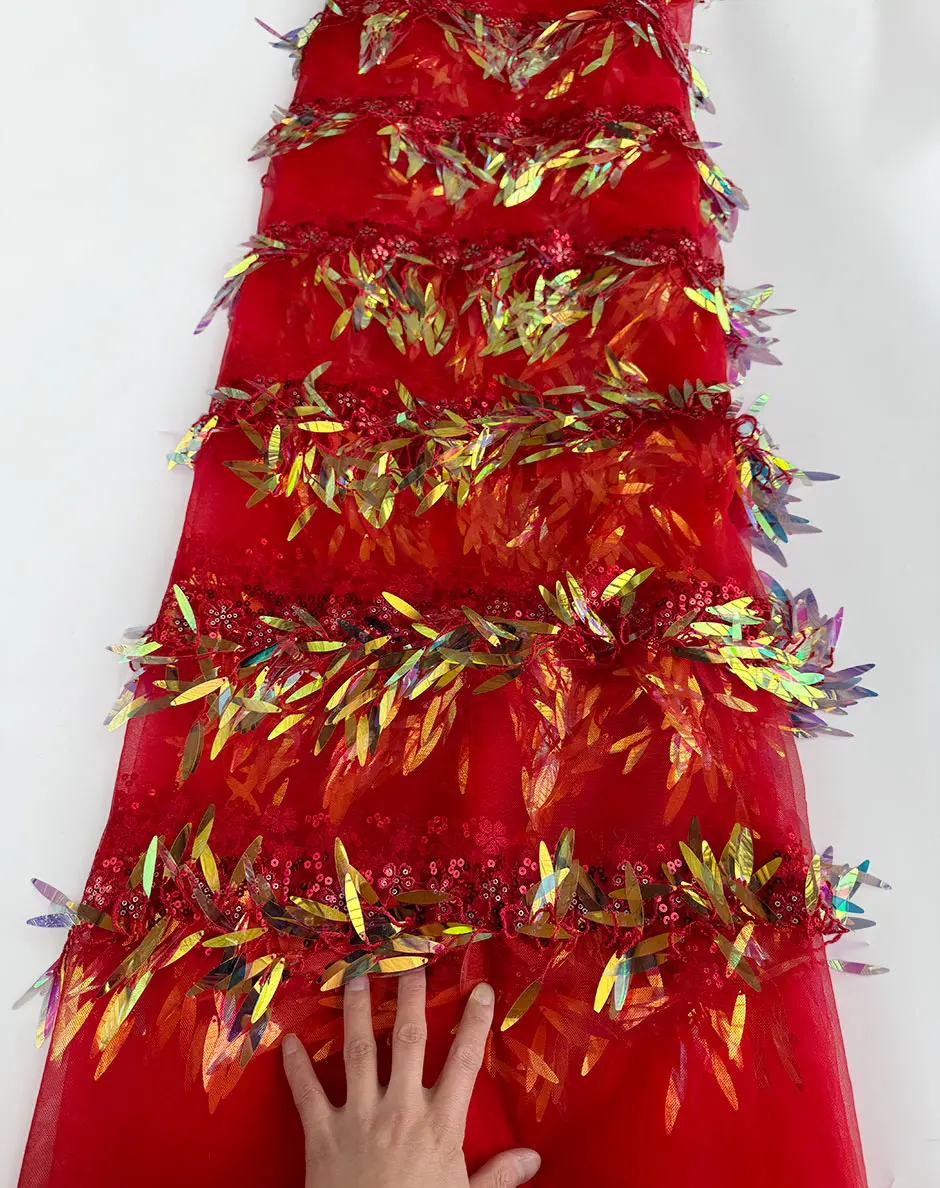 Unique Red Gold Sequined Tulle Lace Hand Sewn African French Mesh Fabric Embroidery Net Garment Sewing Fashion Dress
