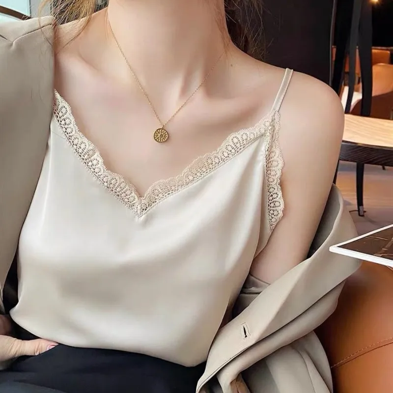 Sexy Lace Trim Ice Silk Vest Top Women's Camisole Tank Top Satin V-Neck Sleeveless Base Layer Inner Wear Casual Outfit
