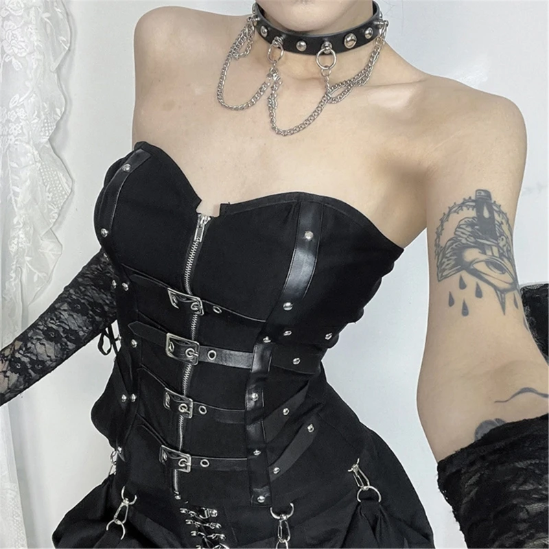 

Fashion Punk Strapless Fish Bone Tanks Vest with Leather Buckled Zippered Front Bodycon Corset Tube Top for Trendy Women