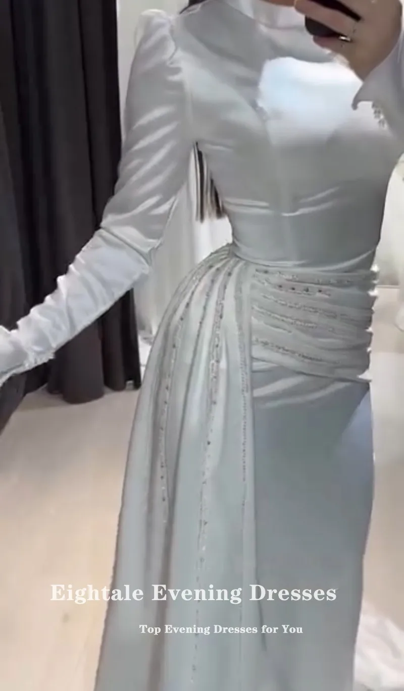 Eightale Arabic Wedding Dress Customized High Neck Beaded Pleats Long Sleeves Mermaid Satin Muslim Bridal Gown Robe De Mariée