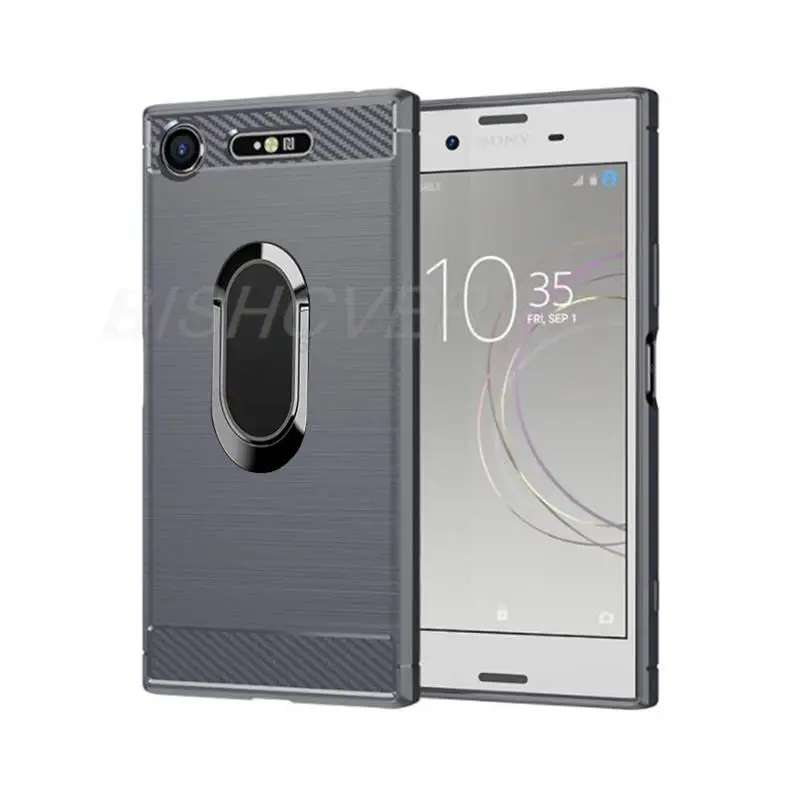 For Sony Xperia XZ1 Compact Brushed Carbon Fiber Soft Silicone Phone Case For Sony Xperia XZ1 Mini Magnetic Ring Stand Cover