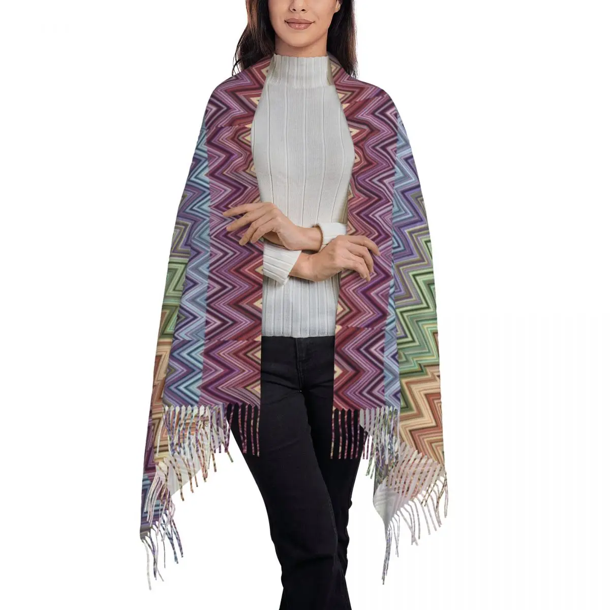 Stylish Modern Home Zig Zag Art Tassel Scarf Women Winter Fall Warm Shawl Wrap Ladies Bohemian Geometric Scarves